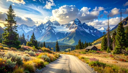 Fototapeta premium Scenic mountain landscape with road, trees, and a cloudy sky
