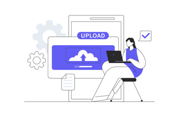 Woman using laptop computer upload file and download information data on cloud computing. Network, work from home. Flat Cartoon Vector Illustration, icon Stylish abstract design landing page web