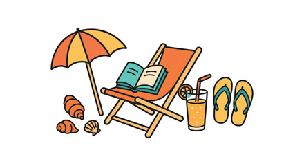 Fototapeta premium Cozy summer flat vector illustration collection of cute seasonal icons beach reading: umbrella lounge chair book cold drink flip flops shells arranged horizontal composition handdrawn