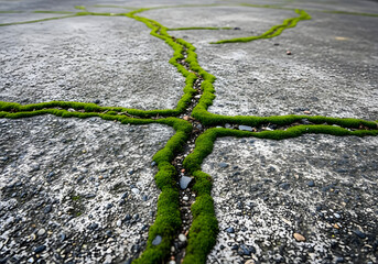 Green moss flourishes through cracks in a weathered concrete surface, creating a striking contrast of nature and urban decay