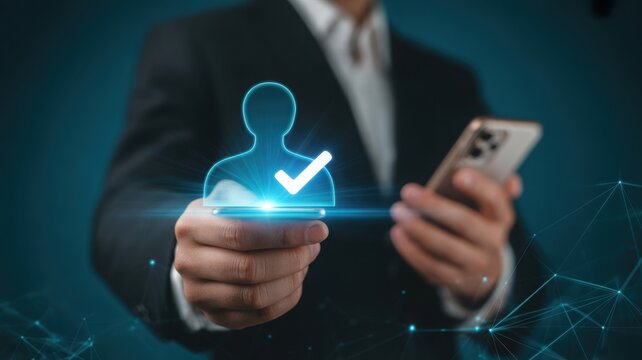 A person in a suit is holding a digital avatar with a check mark, a concept representing authentication