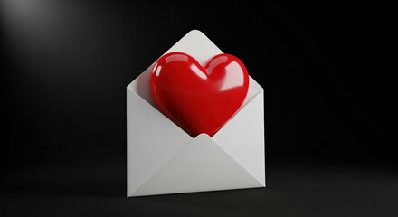 A shiny red heart emerges from a crisp white envelope against a deep black background conveying a heartfelt message