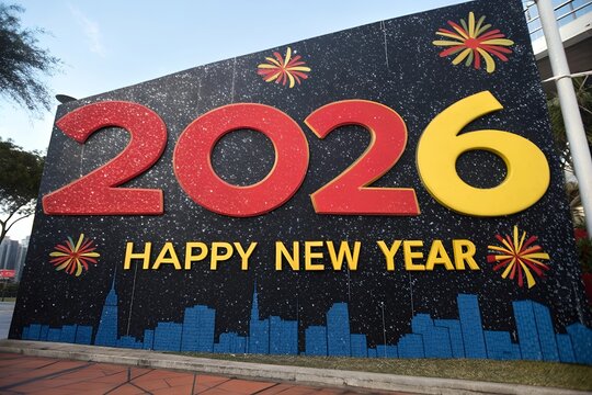 Bright new year 2026 celebration display with fireworks