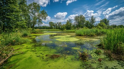 Obraz premium Vibrant wetland area with rich greenery and clear blue sky showcases natures beauty in full bloom.