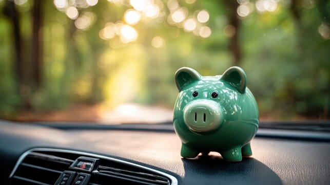 Green piggy bank on the dashboard of a car.