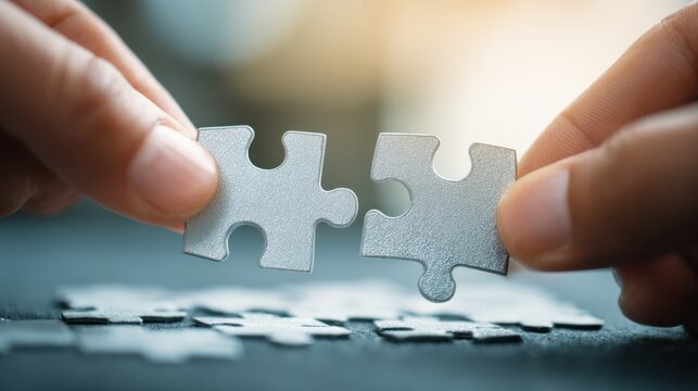 Hands put two jigsaw puzzle pieces together.
