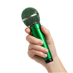 Hand holding a vibrant green microphone, ideal for professional vocal recording, broadcasting, and public speaking events.