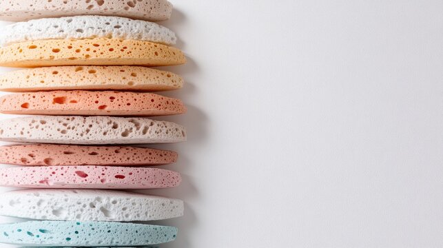 Colorful sponges stacked neatly against a light background showcasing various textures and hues in a clean setting