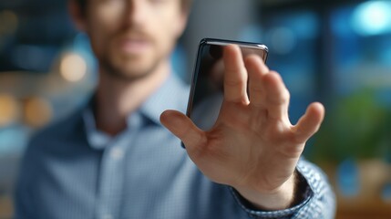 A man extends his hand toward the camera while holding a smartphone in his other hand. The man's gesture and focus on the smartphone indicate an emphasis on communication.