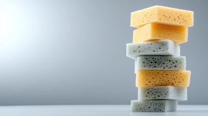 A vibrant array of stacked cleaning sponges emphasizes both the simplicity and effectiveness of tackling everyday chores with ease