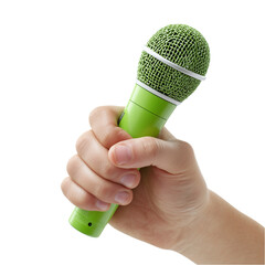 Hand holding a vibrant green vocal microphone, ready for a performance or public speaking engagement.
