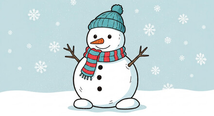 Cheerful snowman with a hat and scarf against a wintery scene, perfect for holiday cards and festive designs, originally created as a scalable vector graphic