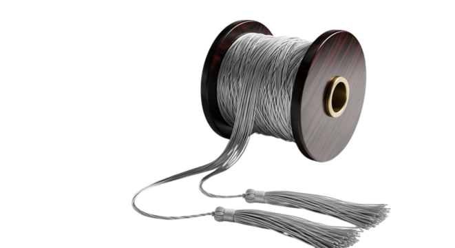 Spool of silver tassel thread isolated on transparent background for decoration