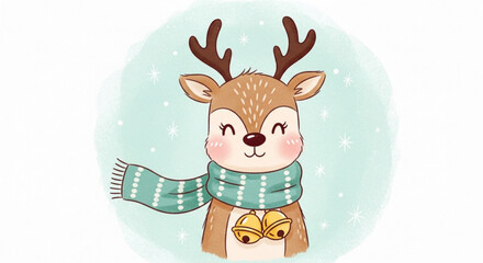 Adorable festive reindeer wearing cozy scarf with jingle bells, spreading holiday cheer for Christmas cards and winter promotions, a heartwarming seasonal icon