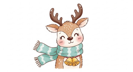 Adorable cartoon reindeer with rosy cheeks, scarf, and bells, perfect for holiday cards, cheerful winter themes, and festive designs to bring joy
