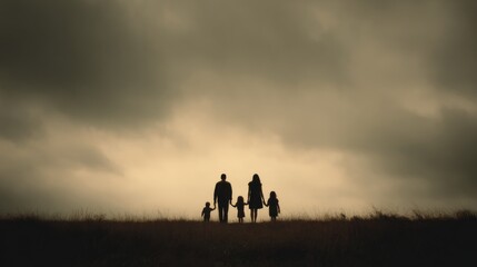 Family Silhouette Against Dramatic Sky at Dusk, Capturing Bonds and Togetherness in Nature's Serenity, Ideal for Lifestyle and Family Themes