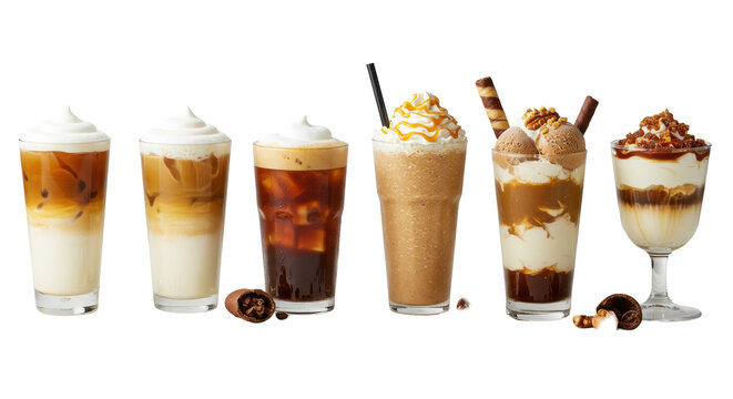 Six sweet coffee and dessert beverages, iced coffees, frappes with whipped cream, coffee sundaes with nuts and beans, against a transparent background. Concept for beverage advertising