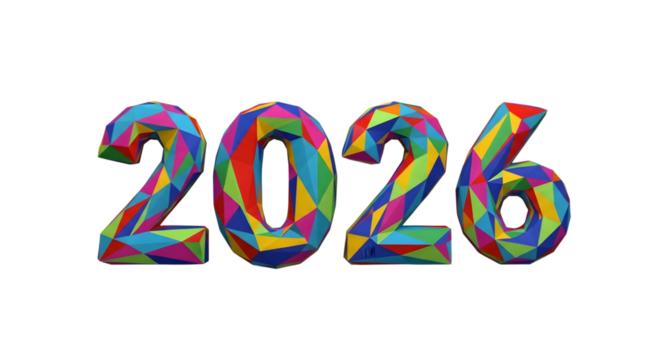Vibrant polygonal 2026 number isolated on transparent background
