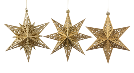 Three golden star ornaments isolated on transparent background