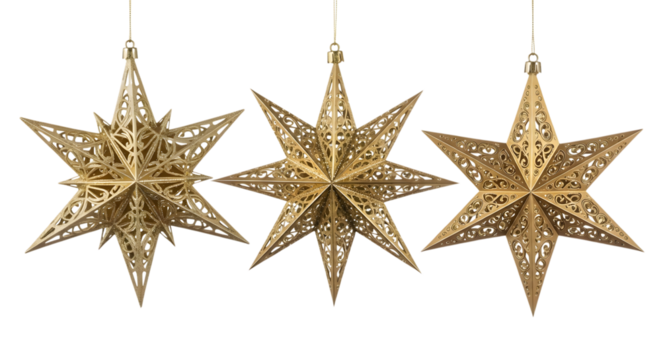 Three golden star ornaments isolated on transparent background