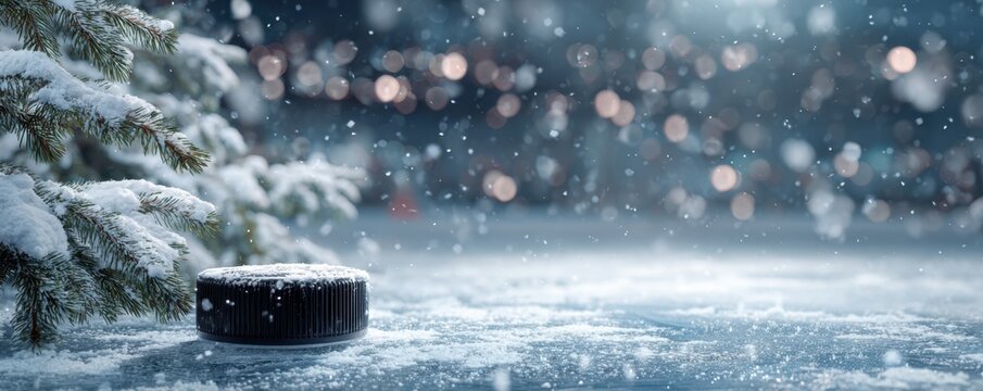 Ice hockey Christmas background with snow and decorations. - Powered by Adobe