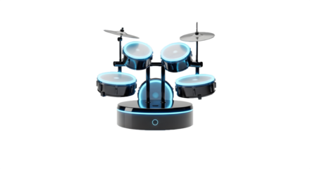 Black, glossy drums glows with blue neon. Isolated on black, for concert posters, digital music ads, product presentation.