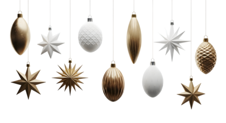 Elegant christmas ornaments in gold and white isolated on transparent background