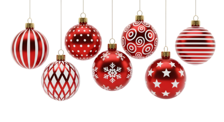 Red christmas ornaments with patterns isolated on transparent background