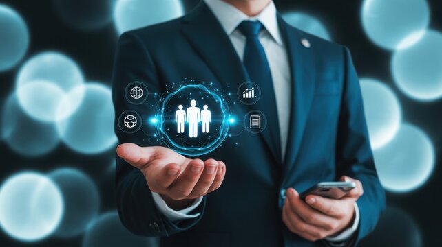 A businessman holding a glowing human icon in his open hand, symbolizing teamwork and connection