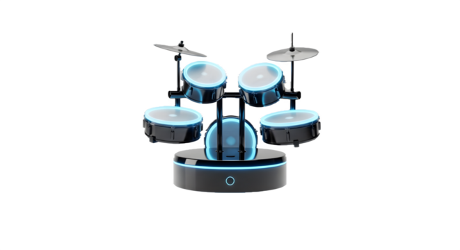 Black, glossy drums glows with blue neon. Isolated on black, for concert posters, digital music ads, product presentation.