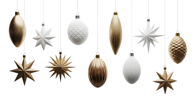 Elegant christmas ornaments in gold and white isolated on transparent background
