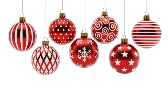 Red christmas ornaments with patterns isolated on transparent background
