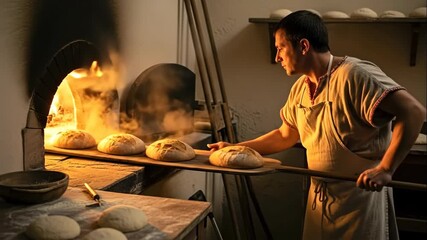 Man baker removing fresh baked bread from a hot wood-fired brick oven using a wooden peel, historical craftsmanship footage.