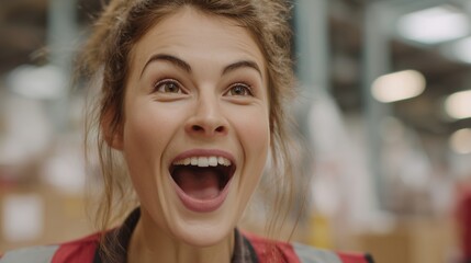 A woman wears a bright safety vest, actively overseeing the busy warehouse filled with workers. The dynamic warehouse environment highlights the woman's leadership and engagement.
