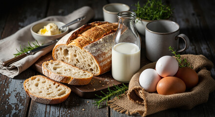 Rustic breakfast spread in cozy style in warm browns and creams representing morning comfort with copy space