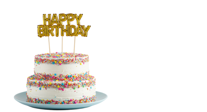 Three-tiered white birthday cake with colorful sprinkles & golden balloon topper, on light blue plate against white studio background, copy space, Birthday celebration atmosphere