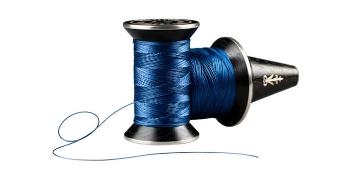 Spool of blue thread with loose end isolated on transparent background - Powered by Adobe