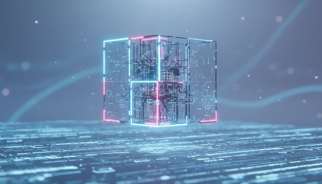 Abstract futuristic digital cube structure with glowing neon blue and pink lights against a blurred background of circuit board patterns and particles representing technology and data - Powered by Adobe