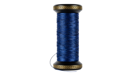 Spool of blue thread with ornate gold ends isolated on transparent background