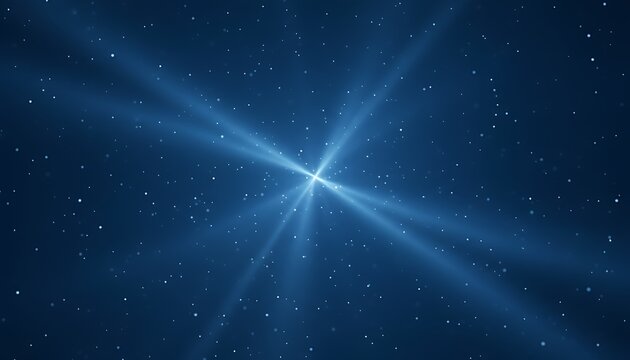 Abstract glowing blue light rays emanating from a central point against a dark starry background creating a sense of cosmic energy and wonder