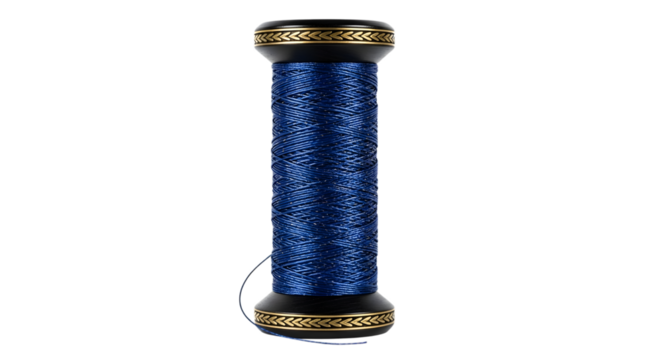 Spool of blue thread with ornate gold ends isolated on transparent background