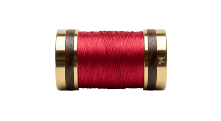 Spool of red thread with gold and wood ends isolated on transparent background