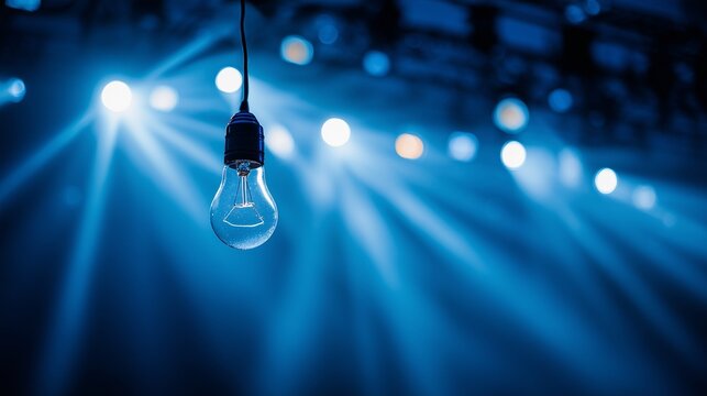 A hanging light bulb is illuminated by dynamic blue stage lights that cast an enchanting glow across the scene. The blue light creates a captivating atmosphere filled with artistic
