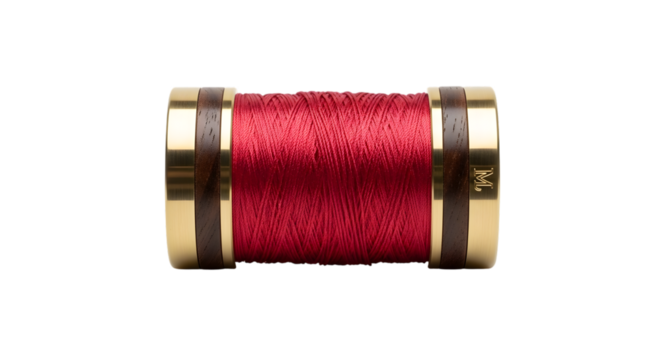 Spool of red thread with gold and wood ends isolated on transparent background