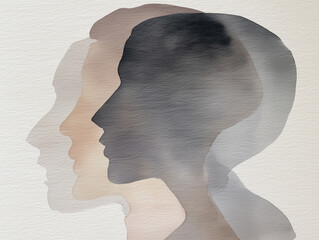 Human profiles with inner silhouettes painted in warm watercolor shades of orange, peach and gold
