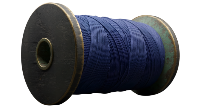 Spool of navy blue thread isolated on transparent background for sewing crafts