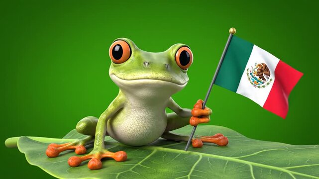 Cute 3D Tree Frog Character Holding Mexican Flag on Green Leaf