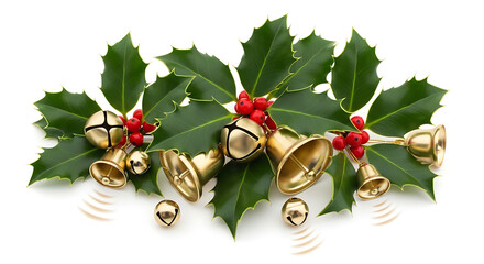 Golden bells and green holly with red berries decoration on white background