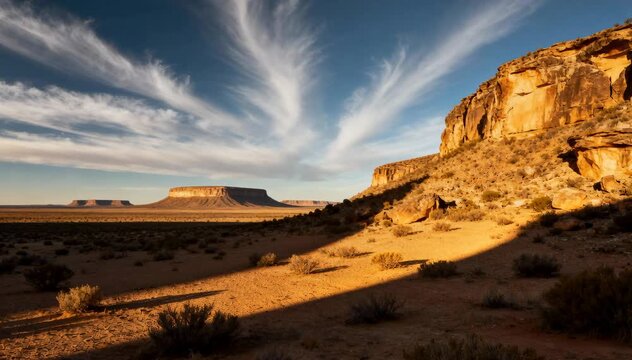 Golden Hour Desert Landscape with Mesas and Dramatic Sky