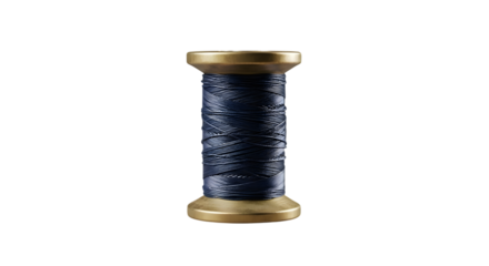 Spool of navy blue thread isolated on transparent background, ready for sewing